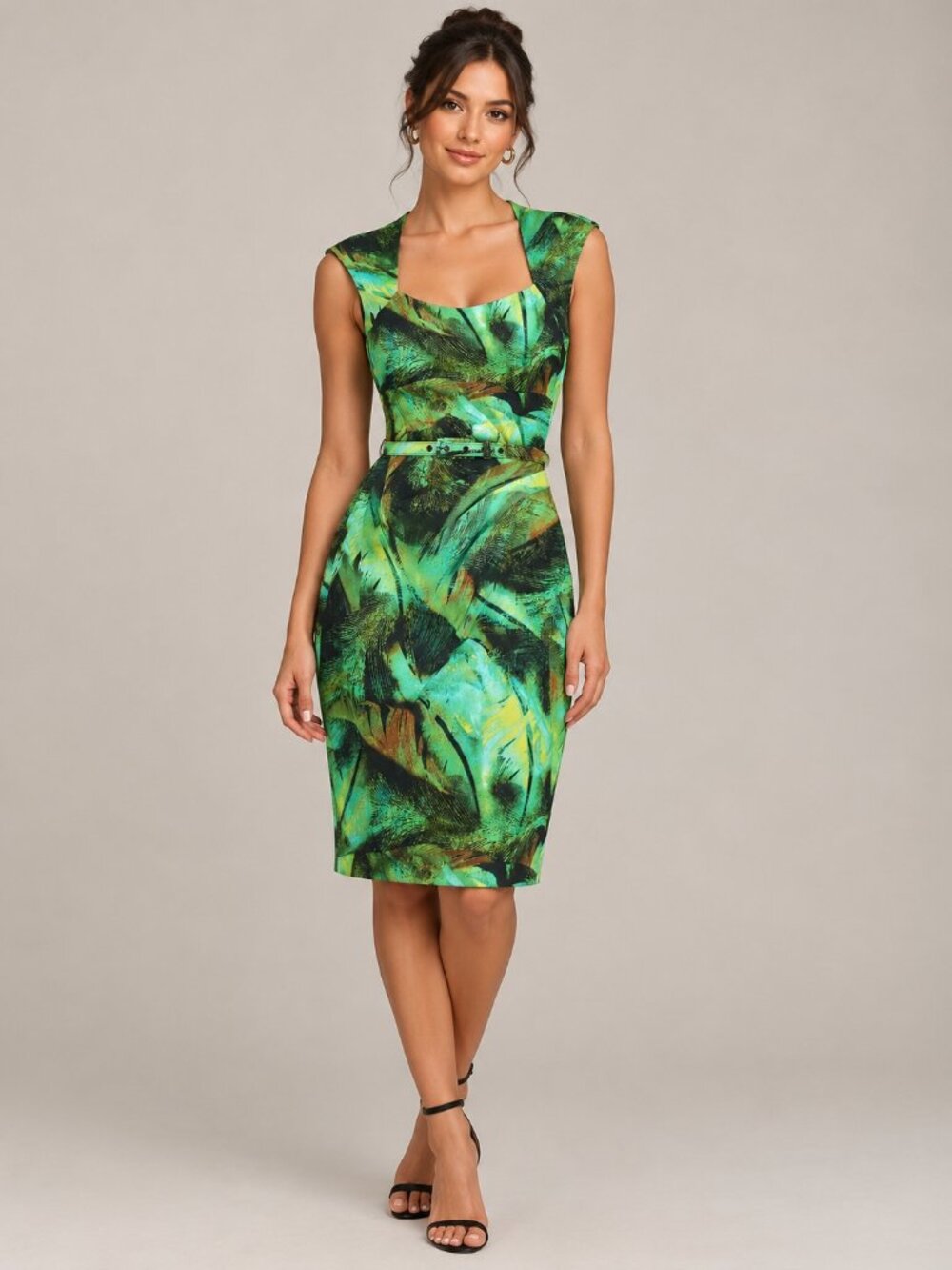 Cache Womens Sheath Dress Size 2 Green Tropical Leaf Print Belted Cocktail